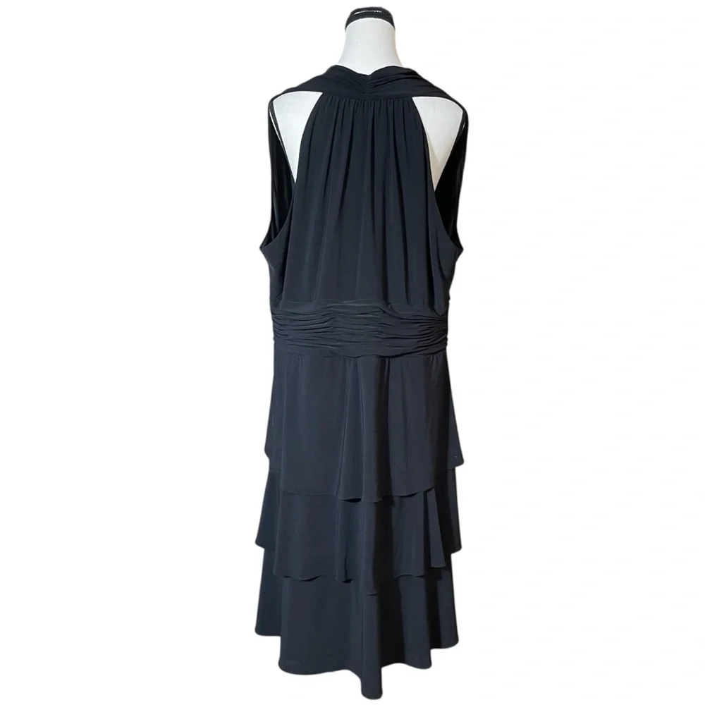 Evan Picone Black Tiered Midi Dress 20W | Ruched Waist V-Neck Flowy Cocktail - Picture 4 of 11